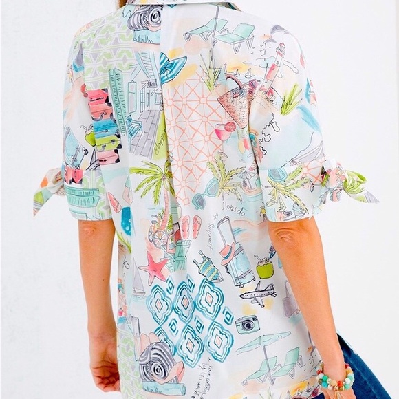 Chico’s Size 2 NO-IRON Bow-And-Grommet Tunic Traveling Vacation Print Summer. - Picture 3 of 4